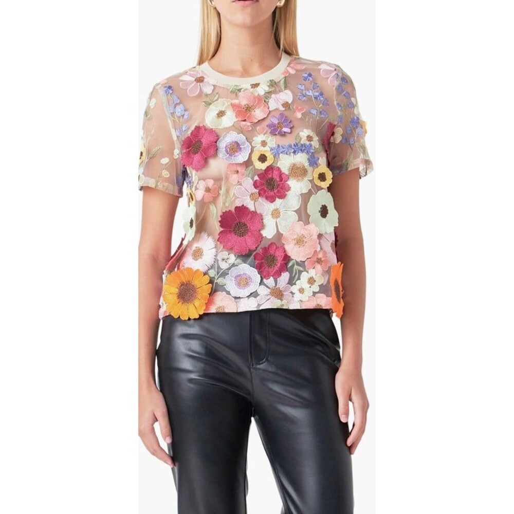 Endless Rose Floral EEndless Rose Floral Embroidered Sheer Mesh Tulle Top Blouse - Picture 8 of 8